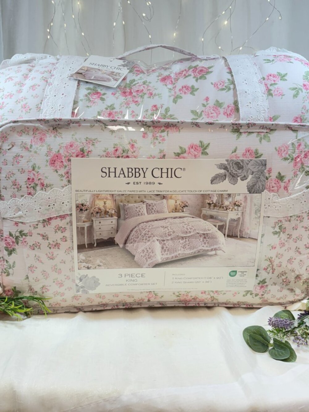Shabby Chic Floral Pink  White Eyelet Lace Cotton Gauze King Comforter 3PC Set